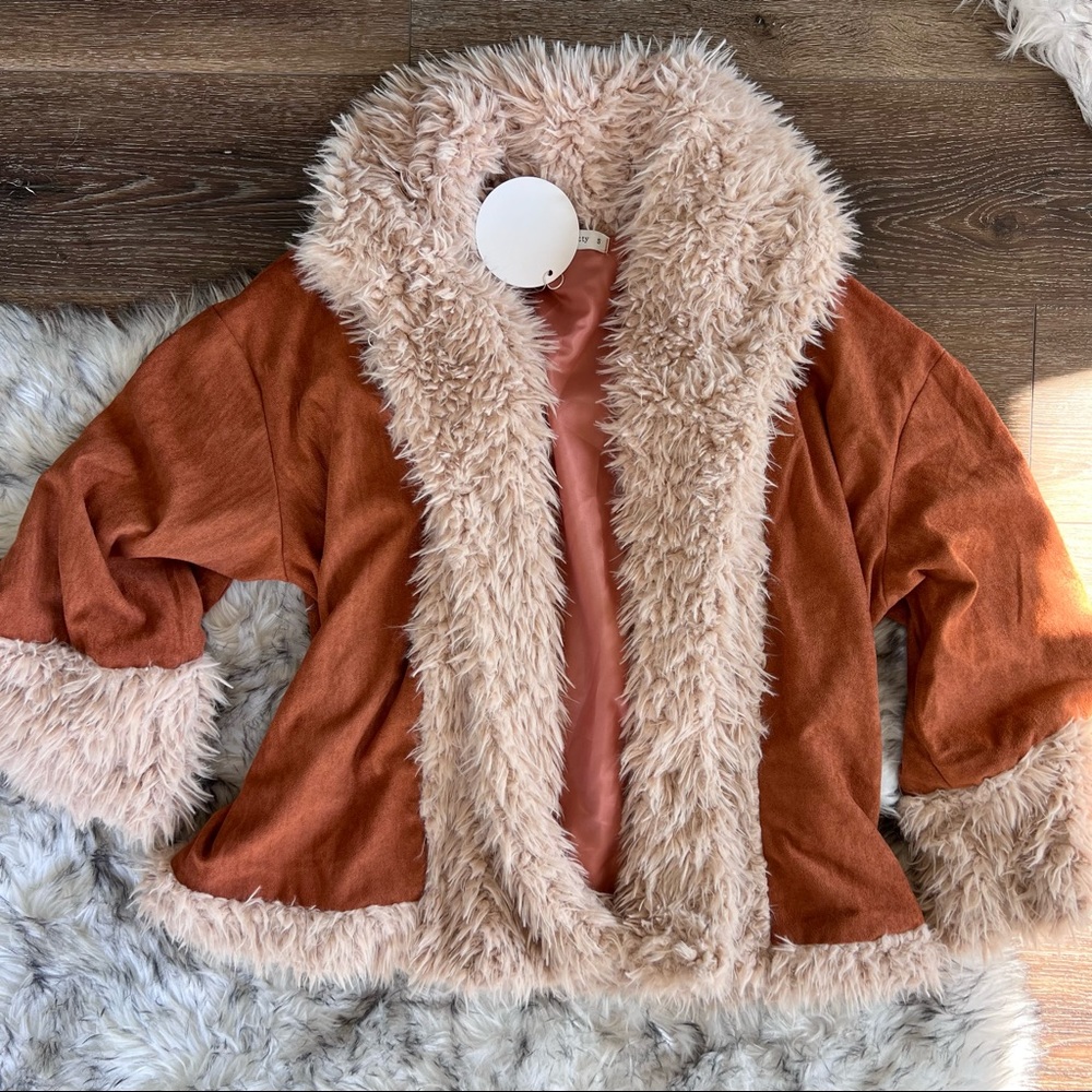 SHEIN Rust and Beige Faux Fur Trim Jacket